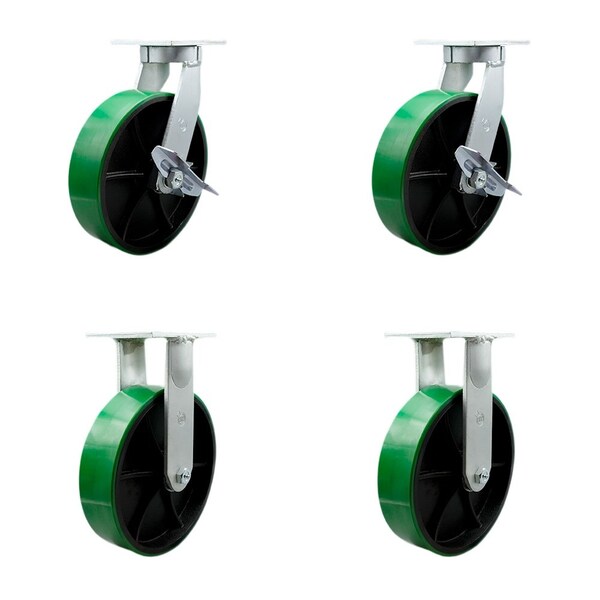 Service Caster 10'' Heavy Duty Green Poly on Metal Caster Set 2 Swivel Lock/Brake 2 Rigid, 4PK CRAN-KP92S1030-PUR-GB-SLB-BSL-2-R-2 - main
